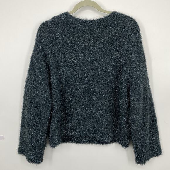 Vince Metallic Eyelash Knit Sweater Green Sparkle Crew Neck Fuzzy Women Medium - Picture 4 of 11